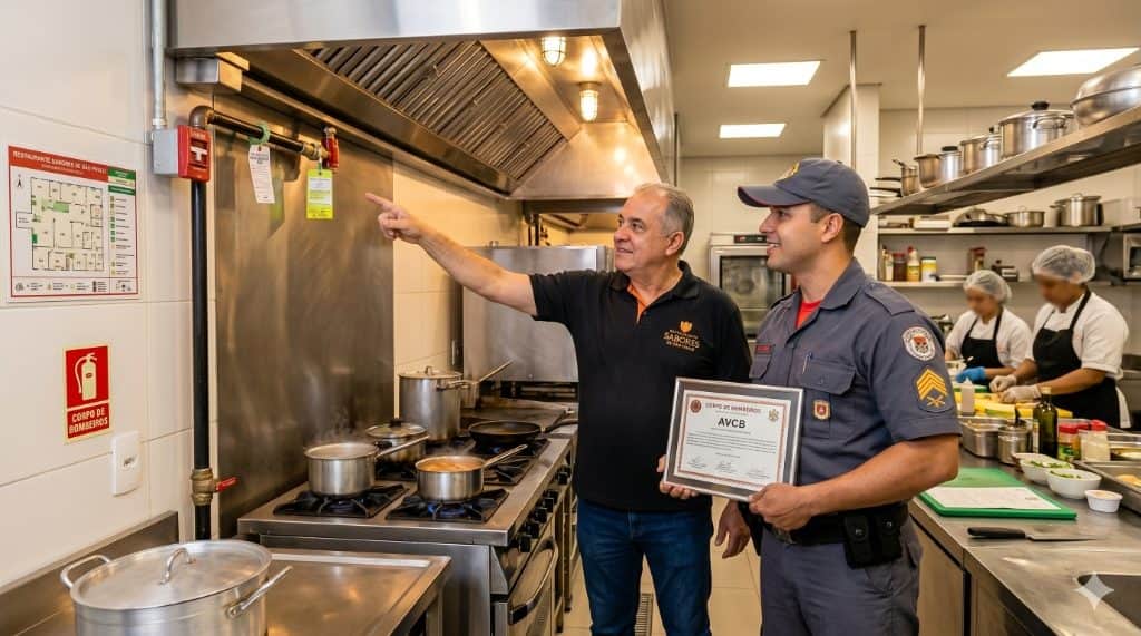 Interior de restaurante com sistemas de segurança contra incêndio