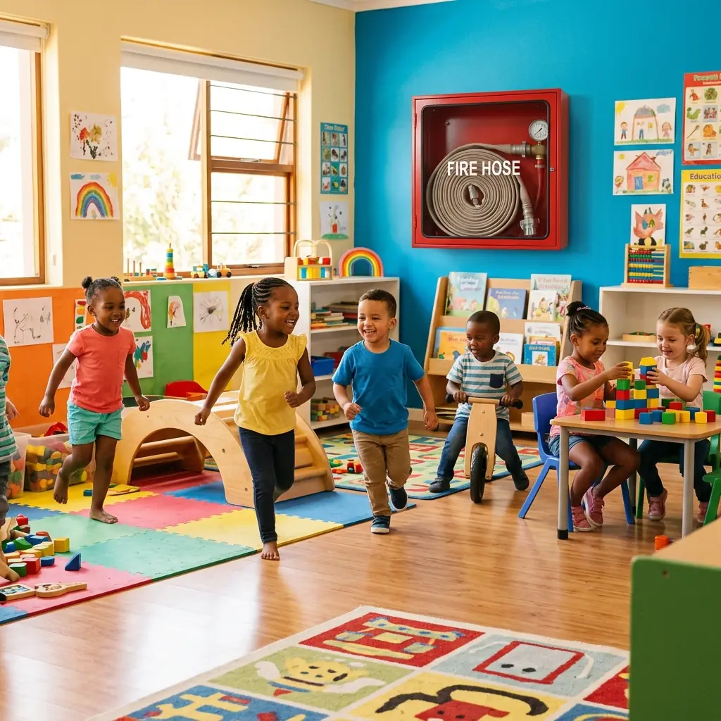 Crianças brincando em creche segura com hidrante