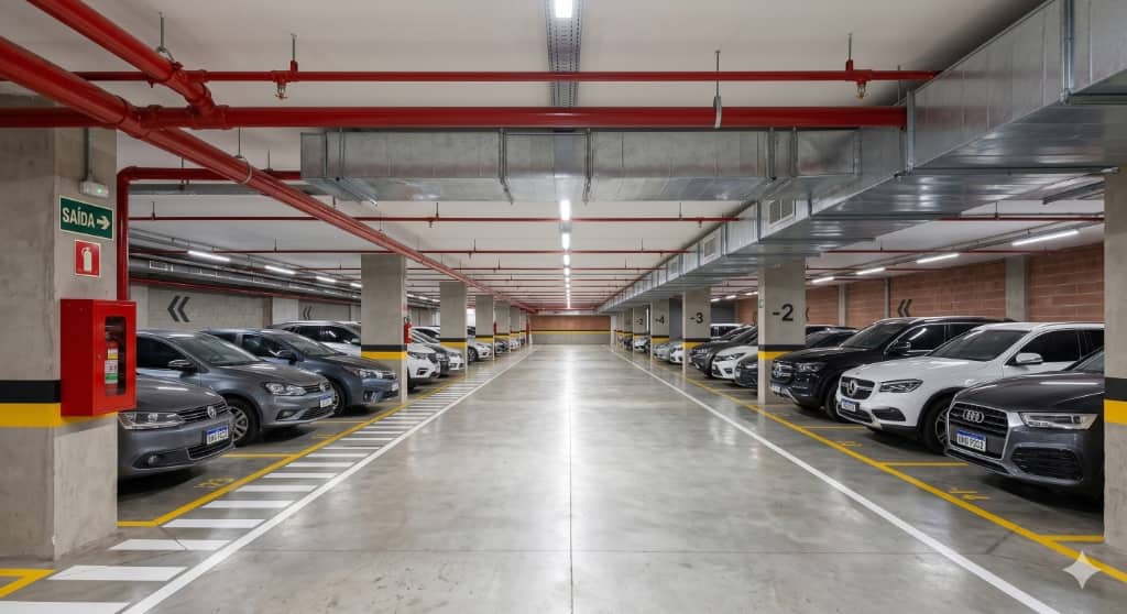 Garagem e estacionamento com rotas de fuga e sinalizacao de emergencia